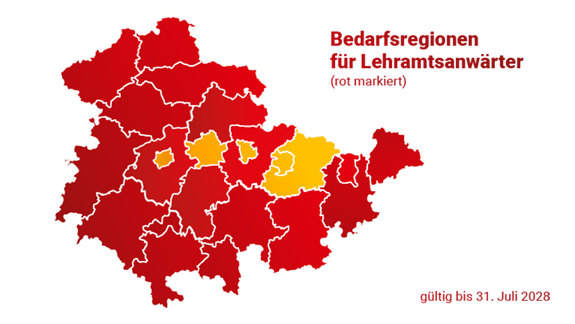 Thüringen-Karte mit den rot eingefärbten Landkreisen, die zu den Bedarfsregionen für Lehramtsanwärter gehören (gültig bis 31. Juli 2028)
