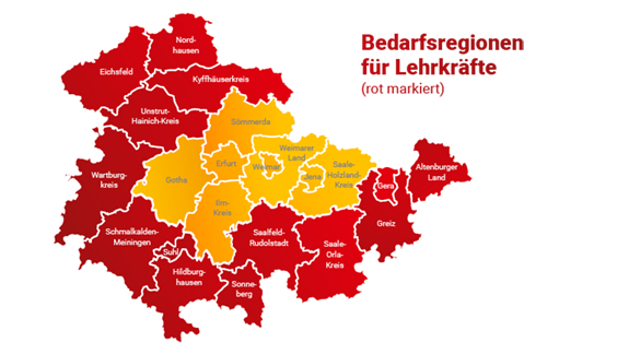 Thüringen-Karte mit den rot eingefärbten Landkreisen, die zu den Bedarfsregionen für Lehrkräfte gehören